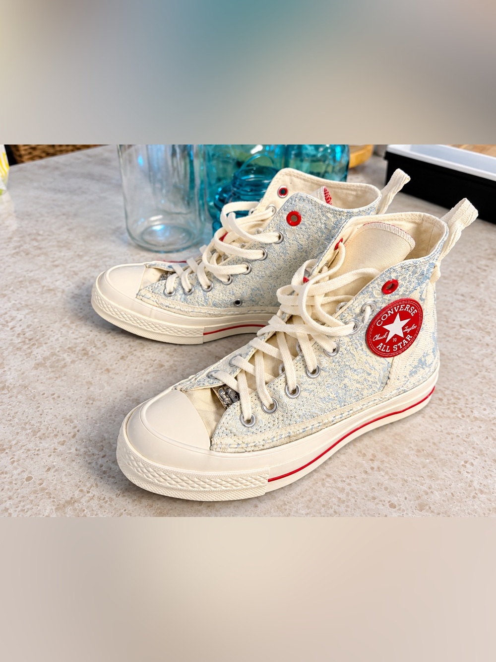 Converse High-Top Sneakers in Cream with Light Blue Pattern & Red Patch